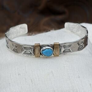 Navajo C. Yazzie Vtg Sterling Silver Brass Turquoise Infant Baby Cuff Bracelet